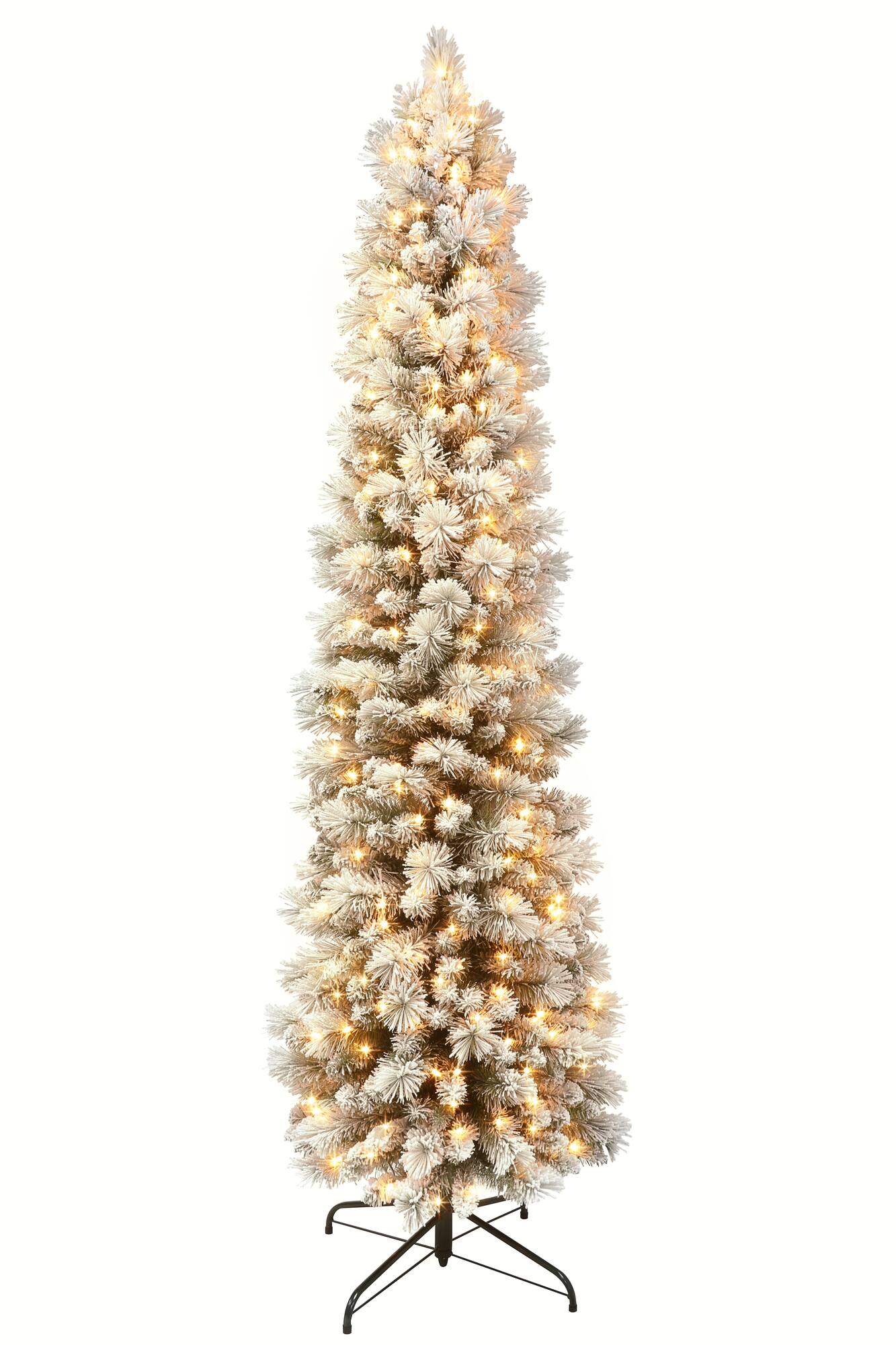 6.5ft. Pre-Lit Flocked Pine Pencil Artificial Tree, Warm White LED Lights